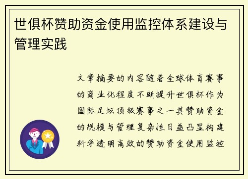 世俱杯赞助资金使用监控体系建设与管理实践